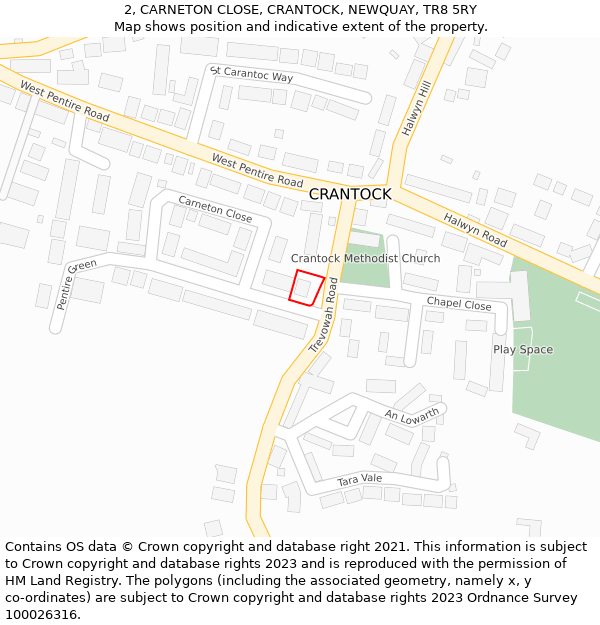 2, CARNETON CLOSE, CRANTOCK, NEWQUAY, TR8 5RY: Location map and indicative extent of plot