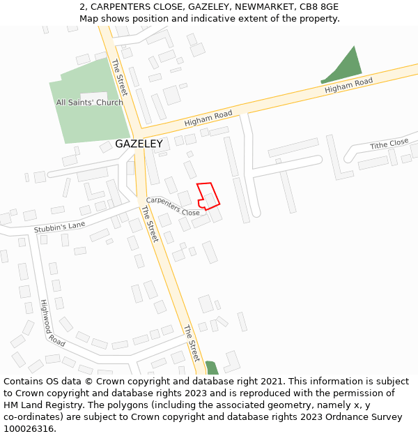 2, CARPENTERS CLOSE, GAZELEY, NEWMARKET, CB8 8GE: Location map and indicative extent of plot