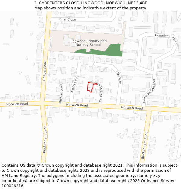 2, CARPENTERS CLOSE, LINGWOOD, NORWICH, NR13 4BF: Location map and indicative extent of plot