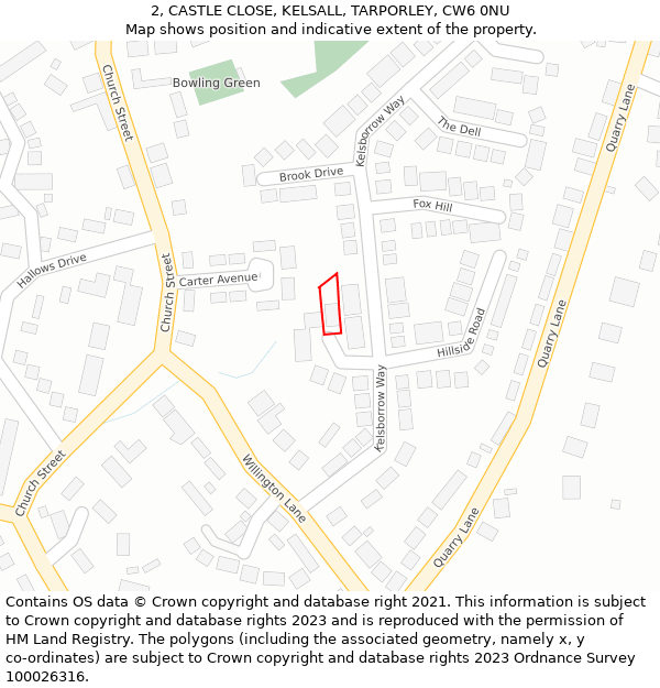 2, CASTLE CLOSE, KELSALL, TARPORLEY, CW6 0NU: Location map and indicative extent of plot