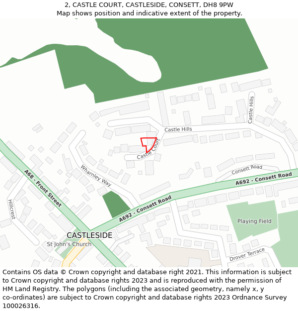 2, CASTLE COURT, CASTLESIDE, CONSETT, DH8 9PW: Location map and indicative extent of plot