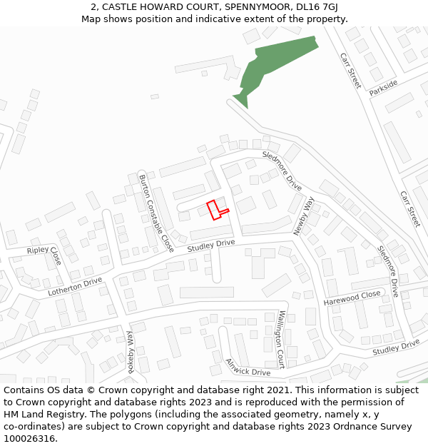 2, CASTLE HOWARD COURT, SPENNYMOOR, DL16 7GJ: Location map and indicative extent of plot