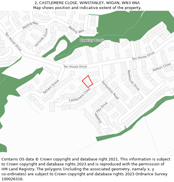 2, CASTLEMERE CLOSE, WINSTANLEY, WIGAN, WN3 6NA: Location map and indicative extent of plot