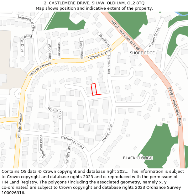 2, CASTLEMERE DRIVE, SHAW, OLDHAM, OL2 8TQ: Location map and indicative extent of plot