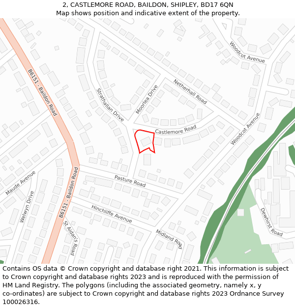 2, CASTLEMORE ROAD, BAILDON, SHIPLEY, BD17 6QN: Location map and indicative extent of plot