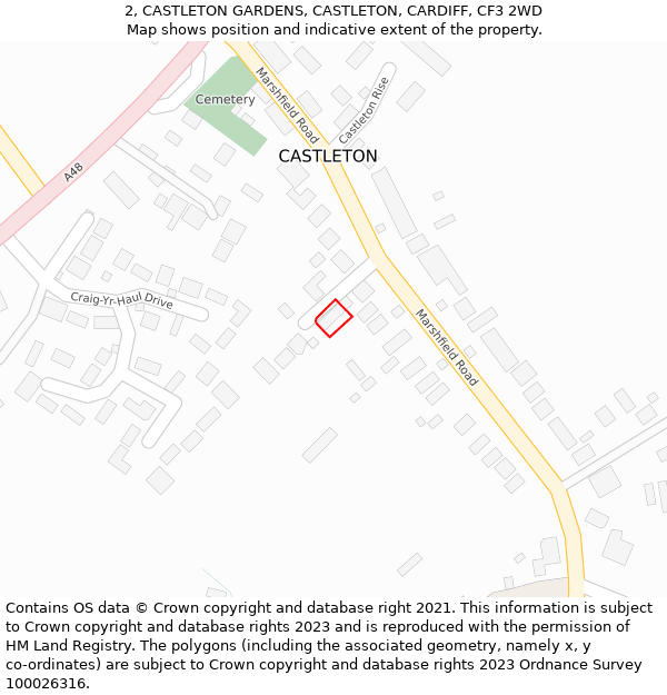 2, CASTLETON GARDENS, CASTLETON, CARDIFF, CF3 2WD: Location map and indicative extent of plot