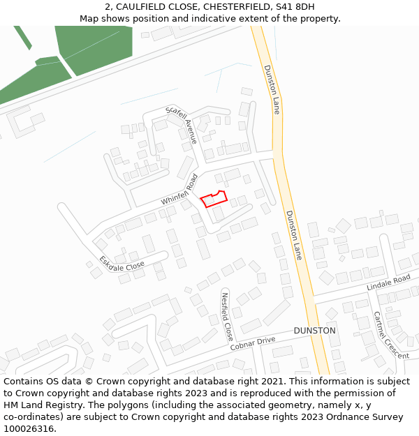 2, CAULFIELD CLOSE, CHESTERFIELD, S41 8DH: Location map and indicative extent of plot