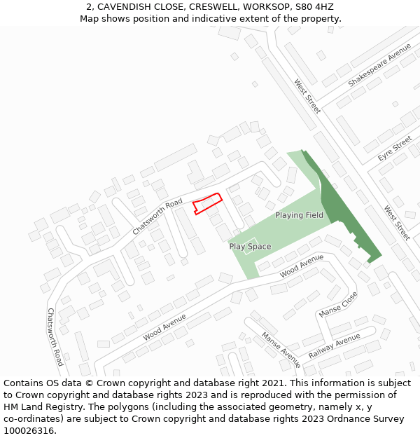 2, CAVENDISH CLOSE, CRESWELL, WORKSOP, S80 4HZ: Location map and indicative extent of plot