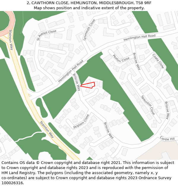 2, CAWTHORN CLOSE, HEMLINGTON, MIDDLESBROUGH, TS8 9RF: Location map and indicative extent of plot