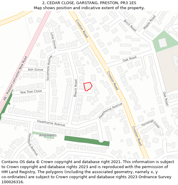 2, CEDAR CLOSE, GARSTANG, PRESTON, PR3 1ES: Location map and indicative extent of plot