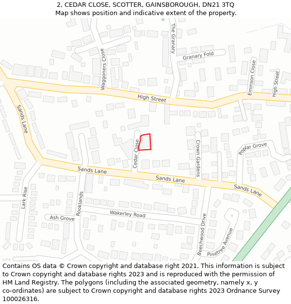 2, CEDAR CLOSE, SCOTTER, GAINSBOROUGH, DN21 3TQ: Location map and indicative extent of plot