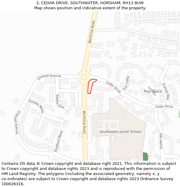 2, CEDAR DRIVE, SOUTHWATER, HORSHAM, RH13 9UW: Location map and indicative extent of plot