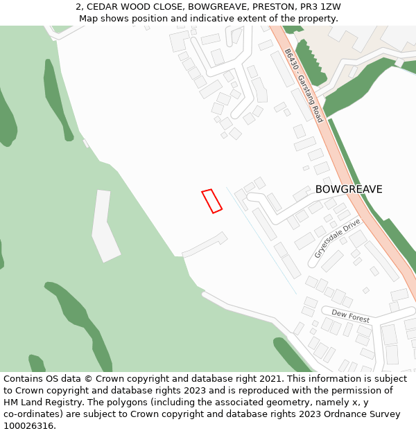 2, CEDAR WOOD CLOSE, BOWGREAVE, PRESTON, PR3 1ZW: Location map and indicative extent of plot