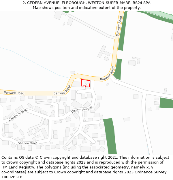 2, CEDERN AVENUE, ELBOROUGH, WESTON-SUPER-MARE, BS24 8PA: Location map and indicative extent of plot