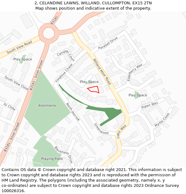 2, CELANDINE LAWNS, WILLAND, CULLOMPTON, EX15 2TN: Location map and indicative extent of plot