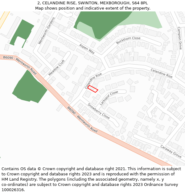 2, CELANDINE RISE, SWINTON, MEXBOROUGH, S64 8PL: Location map and indicative extent of plot