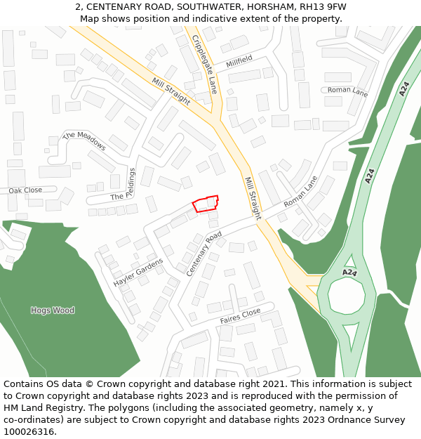 2, CENTENARY ROAD, SOUTHWATER, HORSHAM, RH13 9FW: Location map and indicative extent of plot