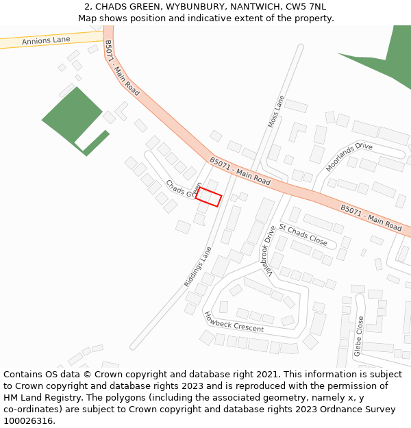 2, CHADS GREEN, WYBUNBURY, NANTWICH, CW5 7NL: Location map and indicative extent of plot