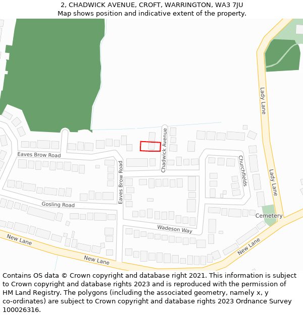2, CHADWICK AVENUE, CROFT, WARRINGTON, WA3 7JU: Location map and indicative extent of plot