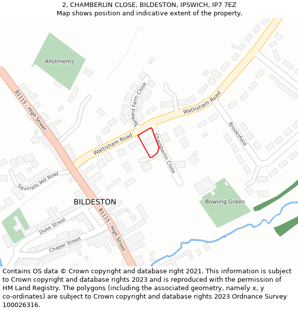 2, CHAMBERLIN CLOSE, BILDESTON, IPSWICH, IP7 7EZ: Location map and indicative extent of plot