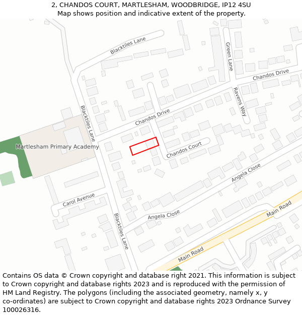 2, CHANDOS COURT, MARTLESHAM, WOODBRIDGE, IP12 4SU: Location map and indicative extent of plot