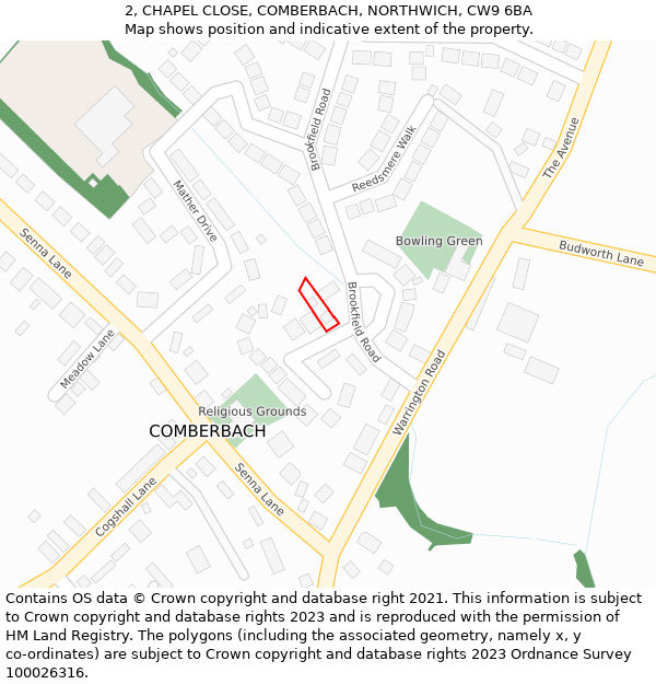 2, CHAPEL CLOSE, COMBERBACH, NORTHWICH, CW9 6BA: Location map and indicative extent of plot