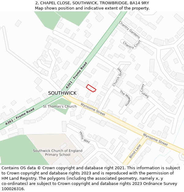 2, CHAPEL CLOSE, SOUTHWICK, TROWBRIDGE, BA14 9RY: Location map and indicative extent of plot