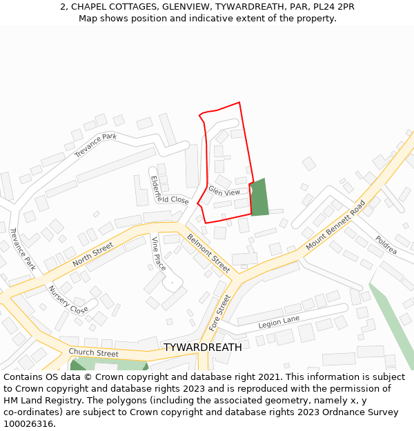 2, CHAPEL COTTAGES, GLENVIEW, TYWARDREATH, PAR, PL24 2PR: Location map and indicative extent of plot