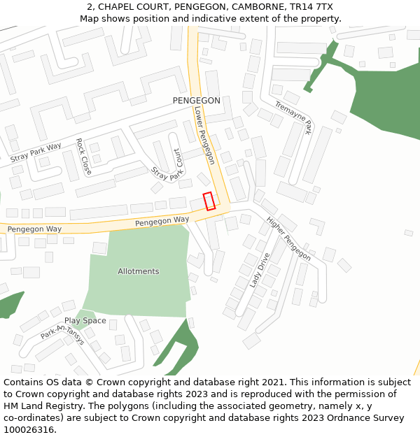 2, CHAPEL COURT, PENGEGON, CAMBORNE, TR14 7TX: Location map and indicative extent of plot