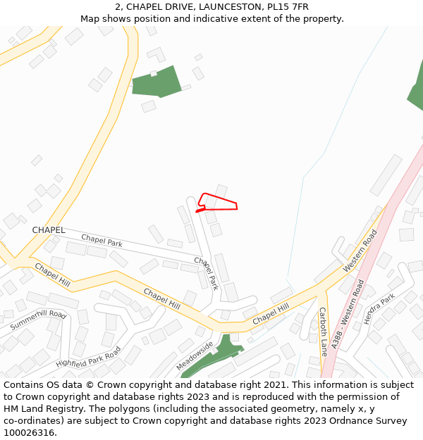 2, CHAPEL DRIVE, LAUNCESTON, PL15 7FR: Location map and indicative extent of plot