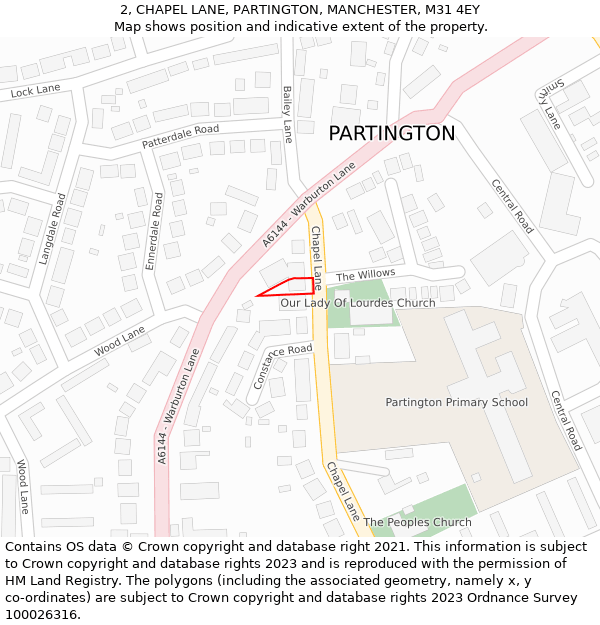 2, CHAPEL LANE, PARTINGTON, MANCHESTER, M31 4EY: Location map and indicative extent of plot