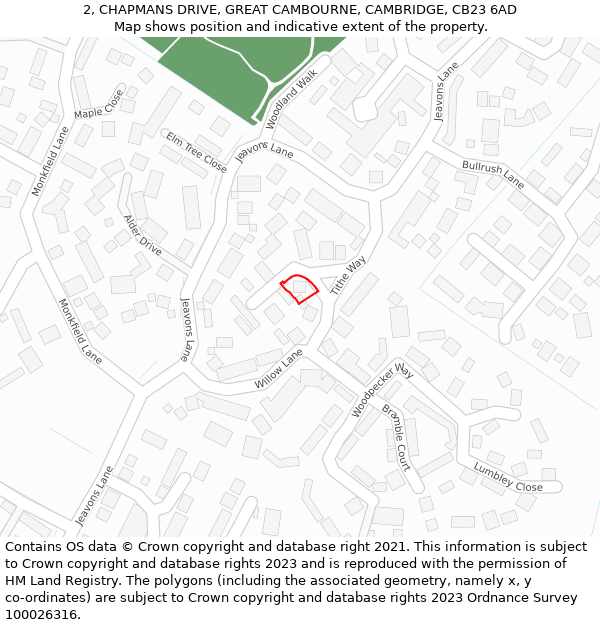 2, CHAPMANS DRIVE, GREAT CAMBOURNE, CAMBRIDGE, CB23 6AD: Location map and indicative extent of plot