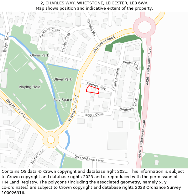 2, CHARLES WAY, WHETSTONE, LEICESTER, LE8 6WA: Location map and indicative extent of plot