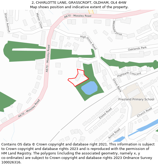 2, CHARLOTTE LANE, GRASSCROFT, OLDHAM, OL4 4HW: Location map and indicative extent of plot