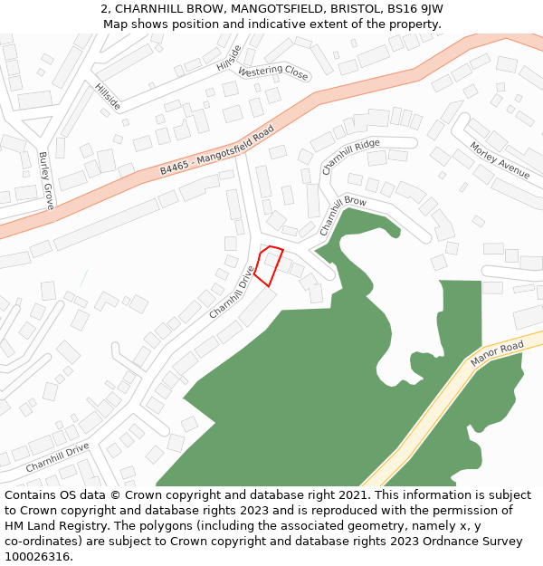 2, CHARNHILL BROW, MANGOTSFIELD, BRISTOL, BS16 9JW: Location map and indicative extent of plot