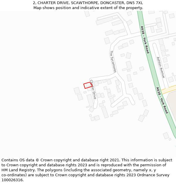 2, CHARTER DRIVE, SCAWTHORPE, DONCASTER, DN5 7XL: Location map and indicative extent of plot