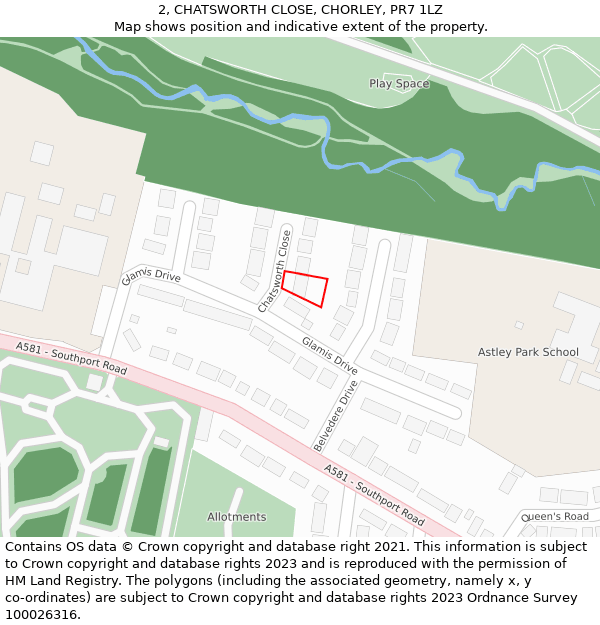 2, CHATSWORTH CLOSE, CHORLEY, PR7 1LZ: Location map and indicative extent of plot