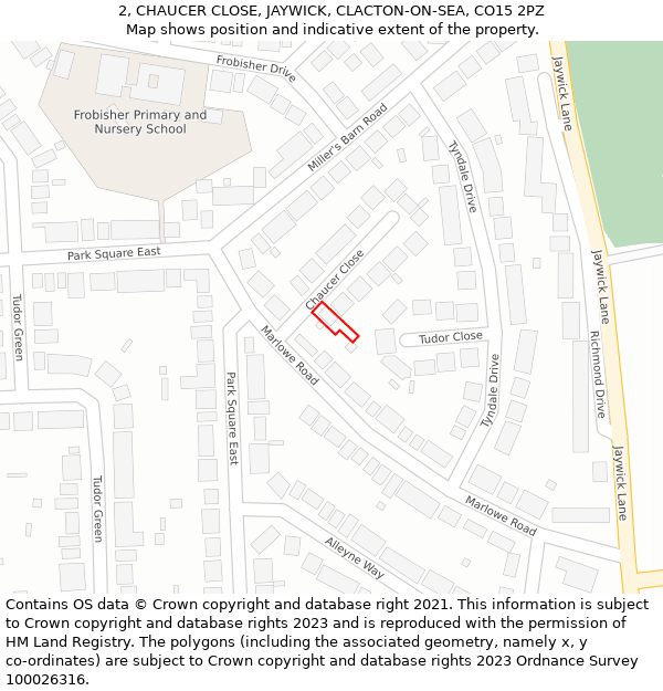 2, CHAUCER CLOSE, JAYWICK, CLACTON-ON-SEA, CO15 2PZ: Location map and indicative extent of plot