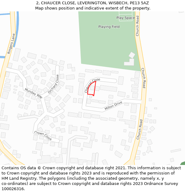 2, CHAUCER CLOSE, LEVERINGTON, WISBECH, PE13 5AZ: Location map and indicative extent of plot