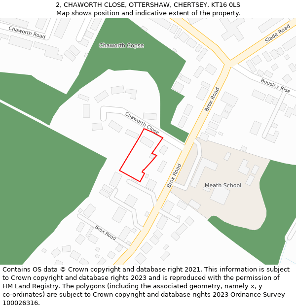 2, CHAWORTH CLOSE, OTTERSHAW, CHERTSEY, KT16 0LS: Location map and indicative extent of plot