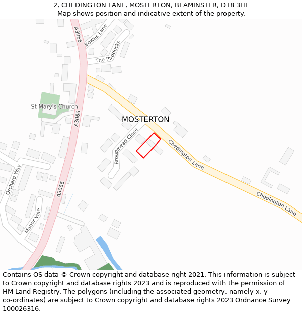 2, CHEDINGTON LANE, MOSTERTON, BEAMINSTER, DT8 3HL: Location map and indicative extent of plot