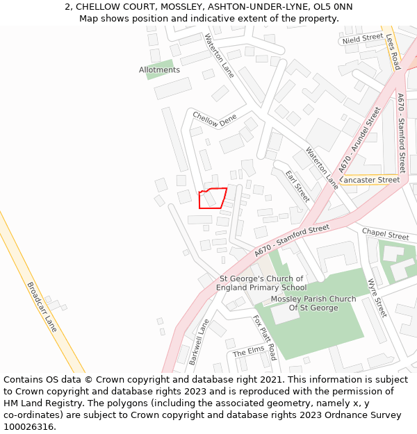 2, CHELLOW COURT, MOSSLEY, ASHTON-UNDER-LYNE, OL5 0NN: Location map and indicative extent of plot