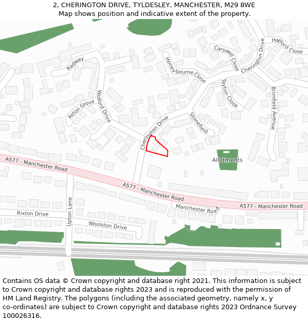 2, CHERINGTON DRIVE, TYLDESLEY, MANCHESTER, M29 8WE: Location map and indicative extent of plot