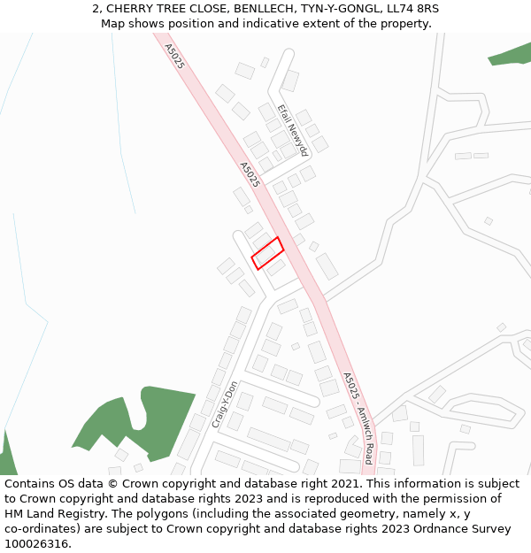 2, CHERRY TREE CLOSE, BENLLECH, TYN-Y-GONGL, LL74 8RS: Location map and indicative extent of plot