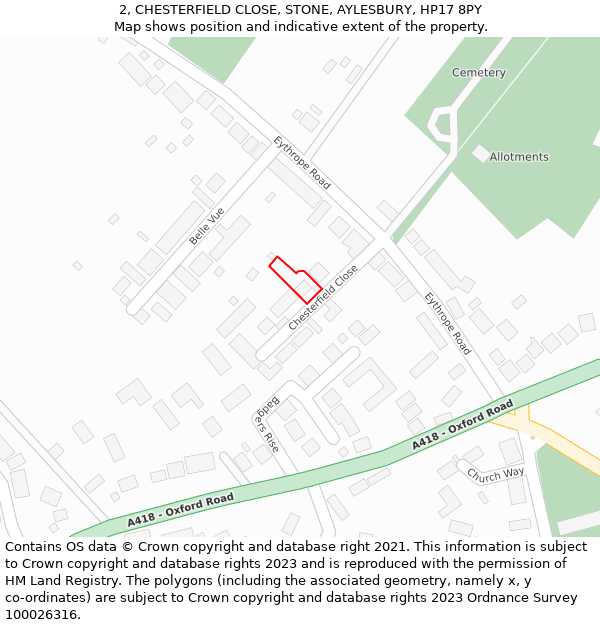 2, CHESTERFIELD CLOSE, STONE, AYLESBURY, HP17 8PY: Location map and indicative extent of plot