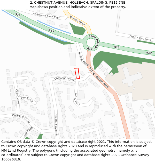 2, CHESTNUT AVENUE, HOLBEACH, SPALDING, PE12 7NE: Location map and indicative extent of plot