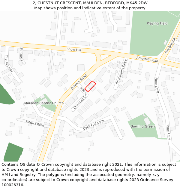 2, CHESTNUT CRESCENT, MAULDEN, BEDFORD, MK45 2DW: Location map and indicative extent of plot