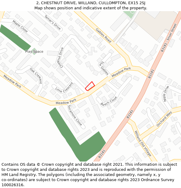 2, CHESTNUT DRIVE, WILLAND, CULLOMPTON, EX15 2SJ: Location map and indicative extent of plot