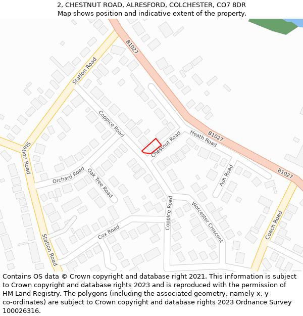 2, CHESTNUT ROAD, ALRESFORD, COLCHESTER, CO7 8DR: Location map and indicative extent of plot