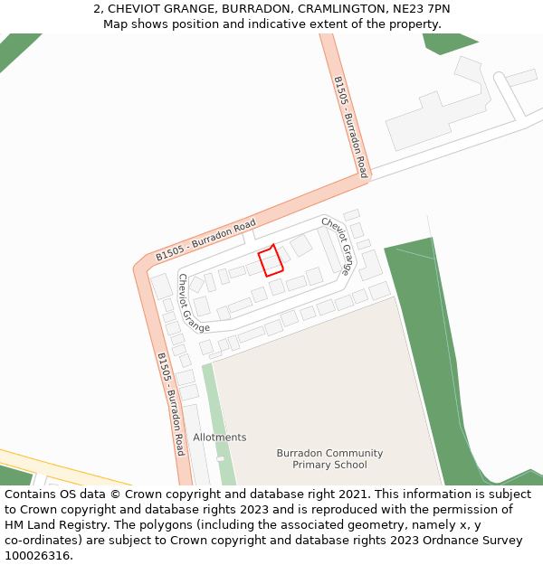 2, CHEVIOT GRANGE, BURRADON, CRAMLINGTON, NE23 7PN: Location map and indicative extent of plot